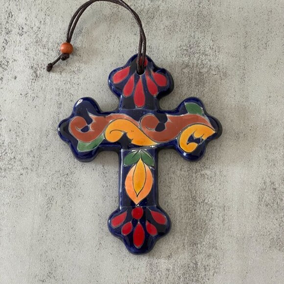 Talavera Hand Painted Cross Wall Hang Multicolor Ceramic GTO Guanajuato Mexico - Picture 1 of 9